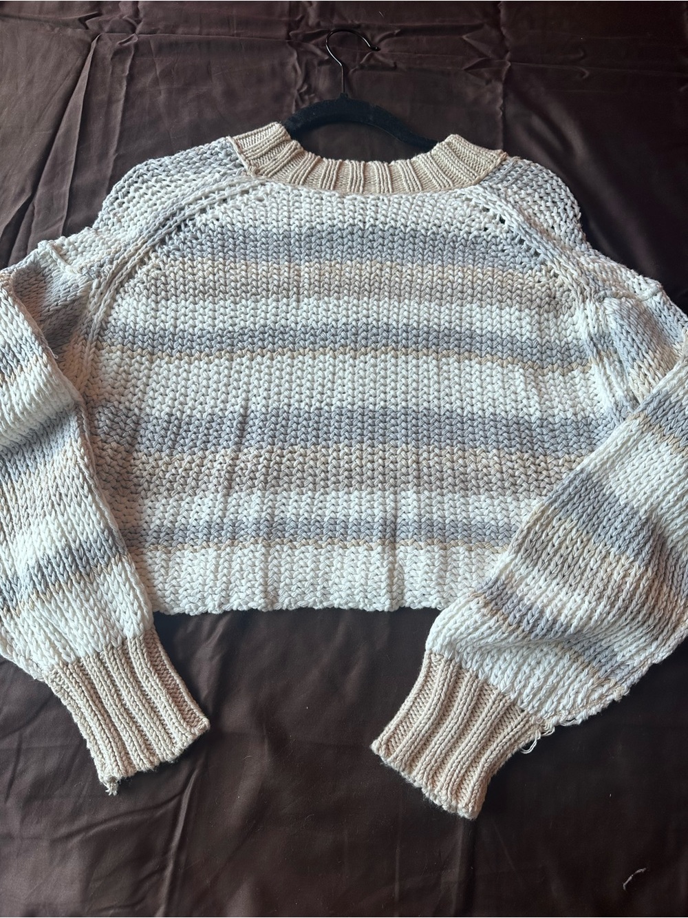 Free People Cropped Striped Knit Sweater in Cream and Light Gray